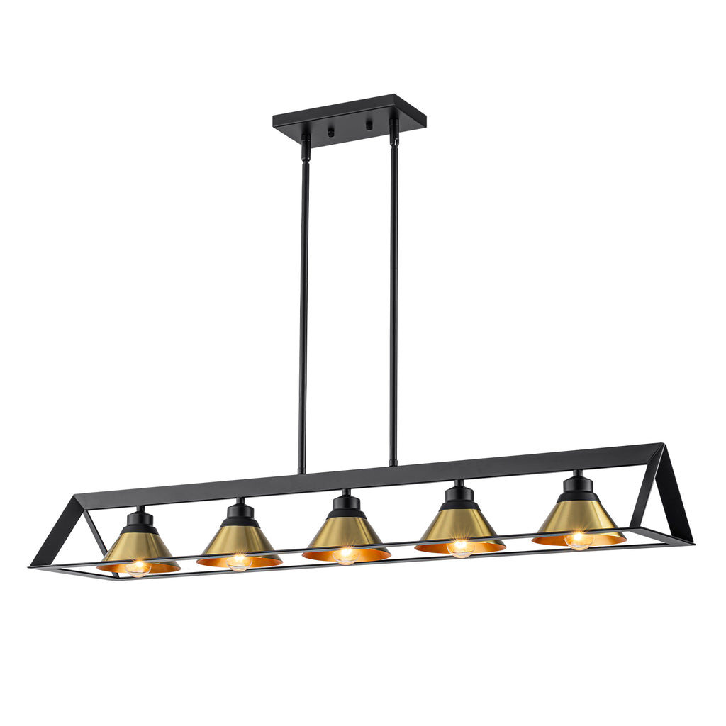 5-Light Matte Black Linear Chandelier Brass Conical Shades Kitchen - product image 2 | Zenvolit