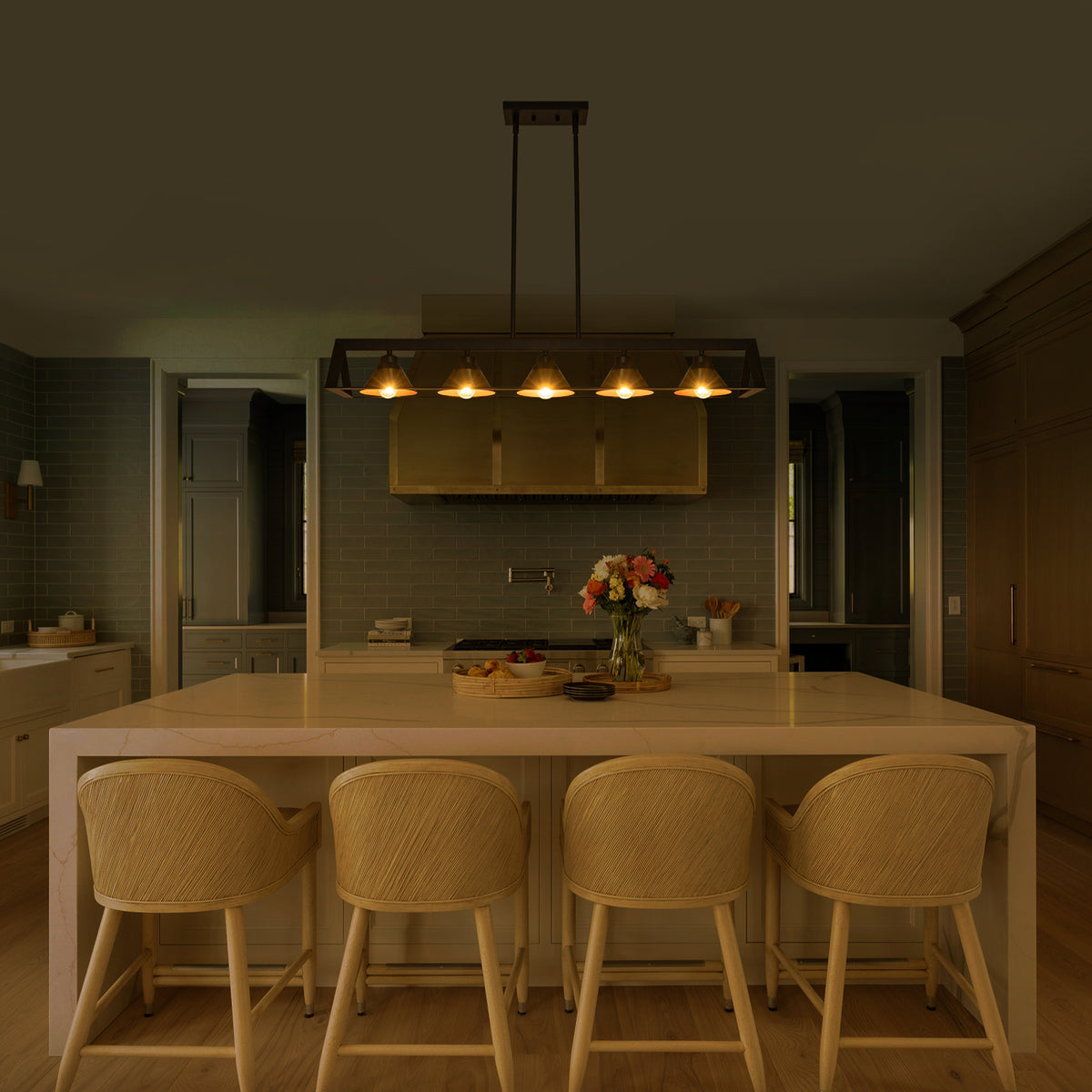 5-Light Matte Black Linear Chandelier Brass Conical Shades Kitchen - product image 6 | Zenvolit