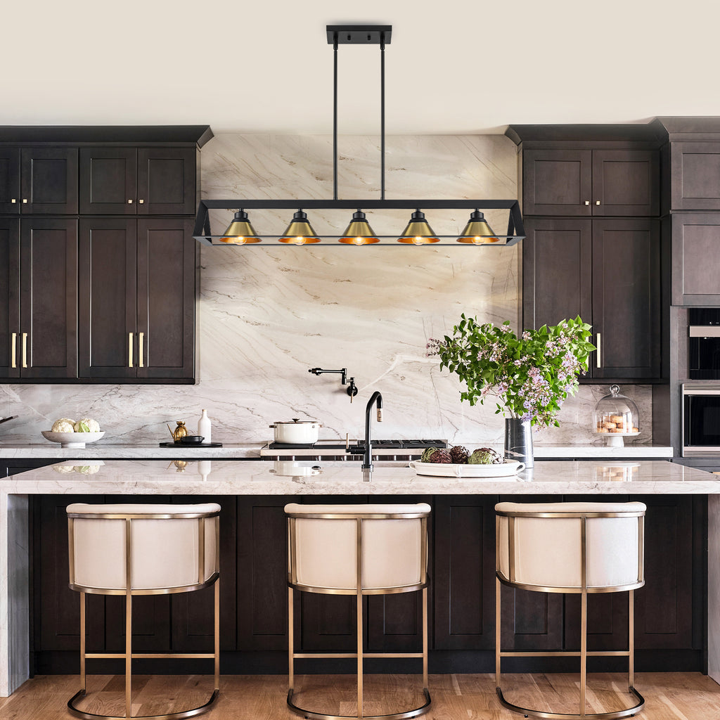 5-Light Matte Black Linear Chandelier Brass Conical Shades Kitchen - product image 9 | Zenvolit