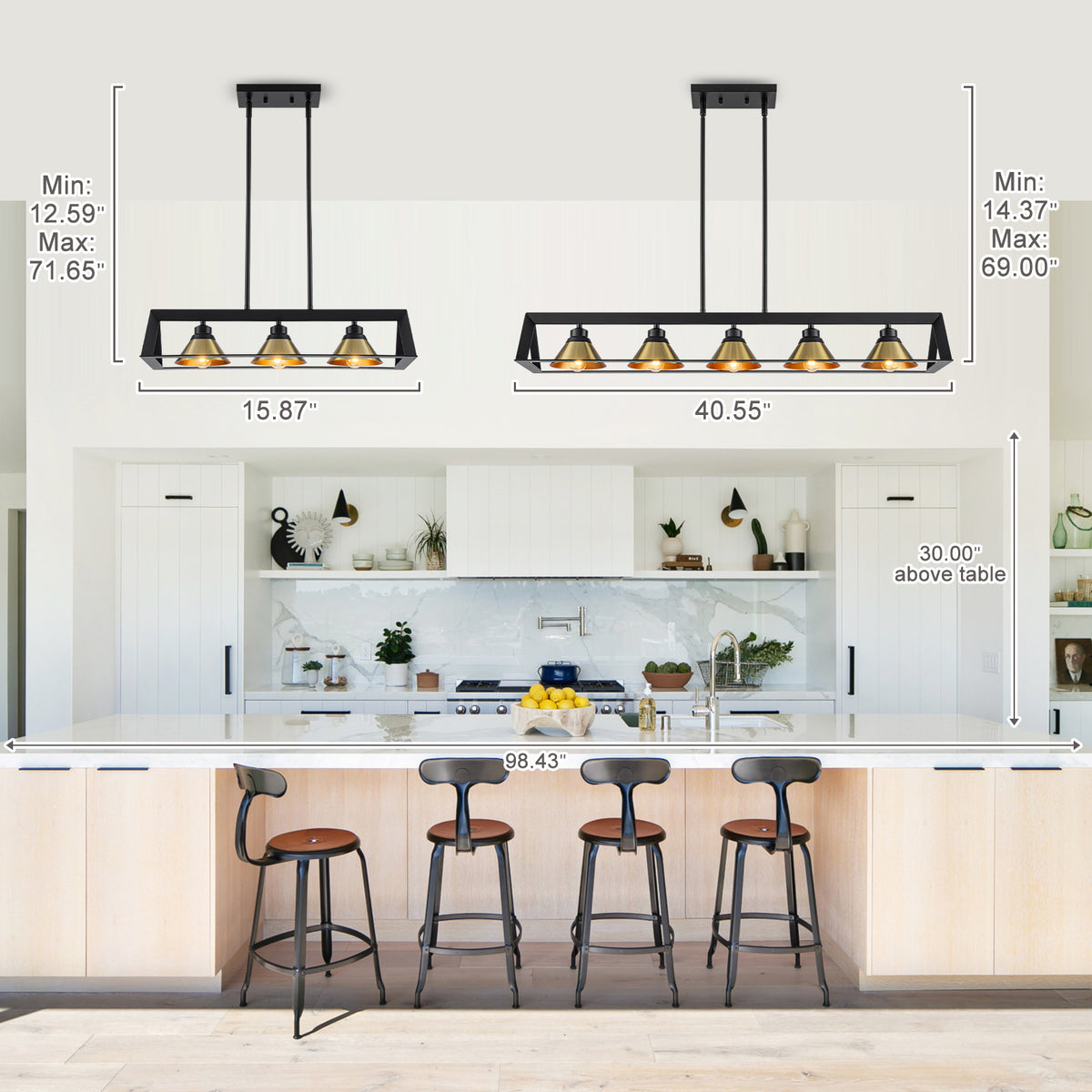 5-Light Matte Black Linear Chandelier Brass Conical Shades Kitchen - product image 10 | Zenvolit