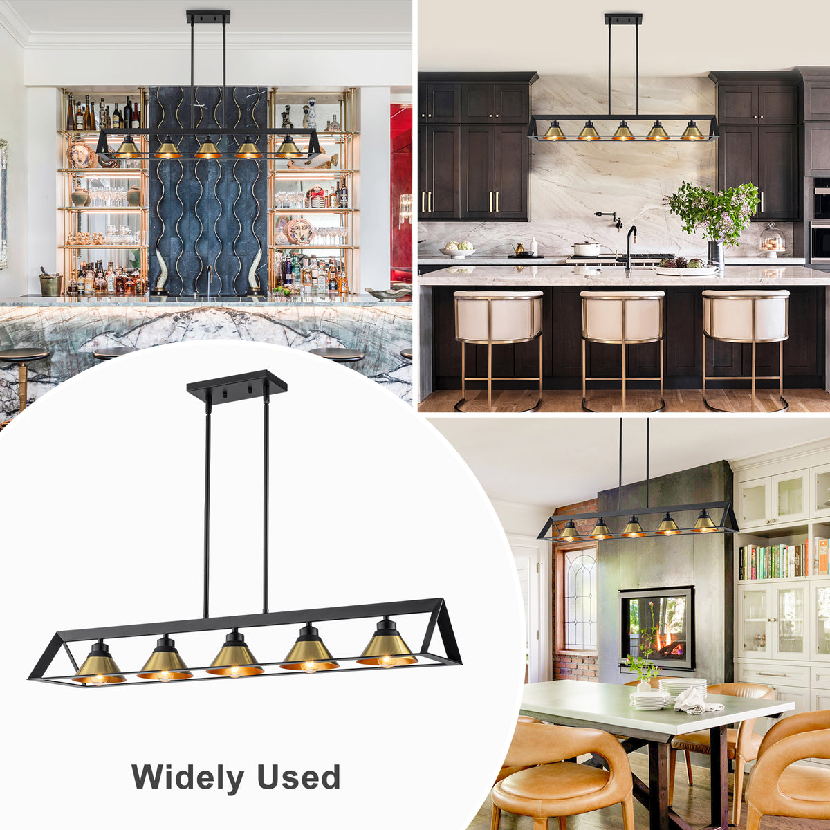 5-Light Matte Black Linear Chandelier Brass Conical Shades Kitchen - product image 11 | Zenvolit