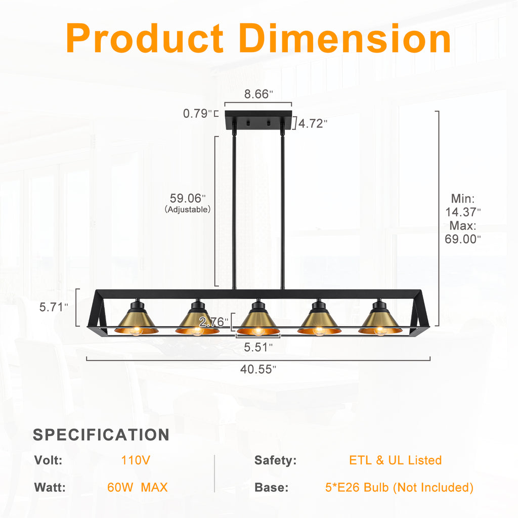 5-Light Matte Black Linear Chandelier Brass Conical Shades Kitchen - product image 12 | Zenvolit