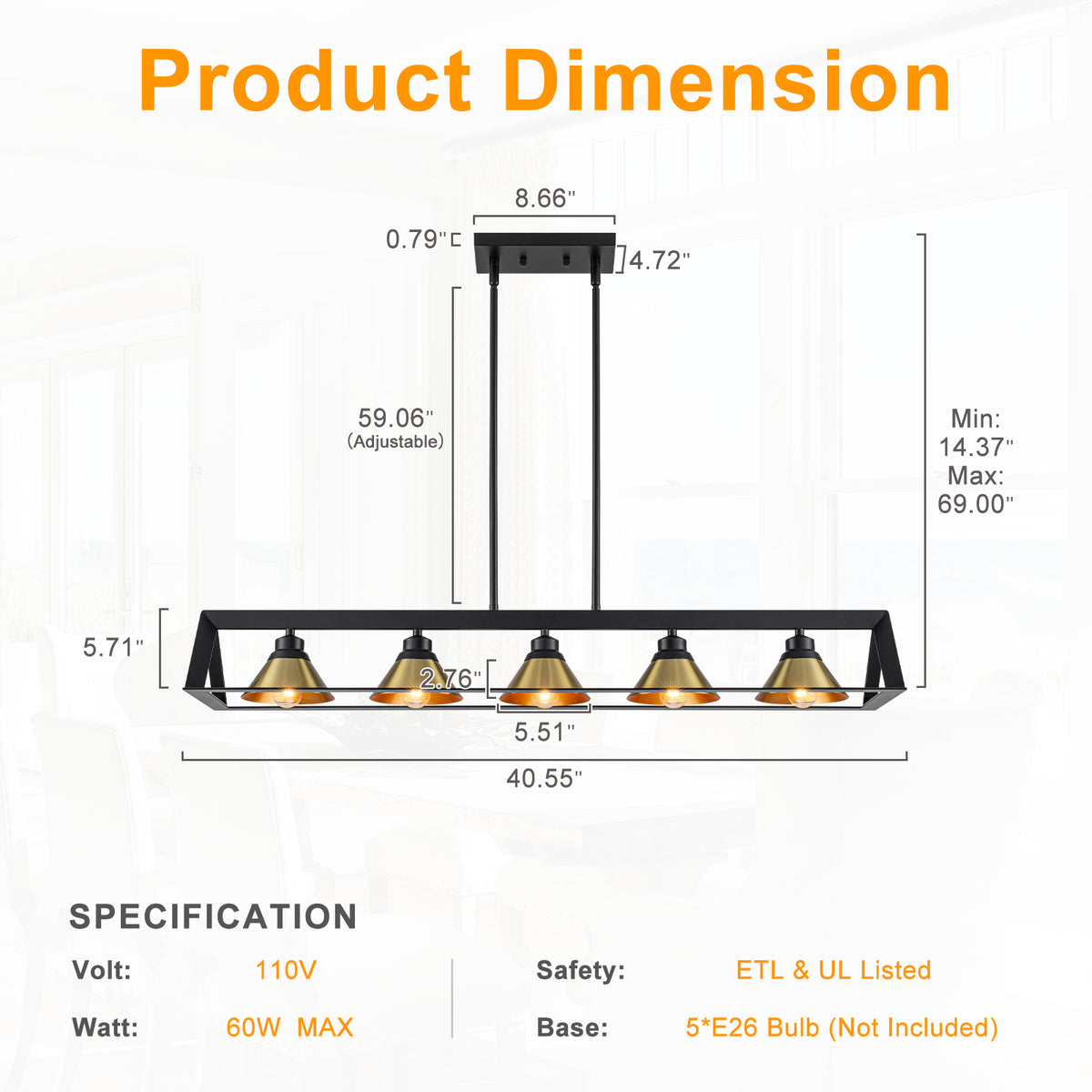 5-Light Matte Black Linear Chandelier Brass Conical Shades Kitchen - product image 12 | Zenvolit