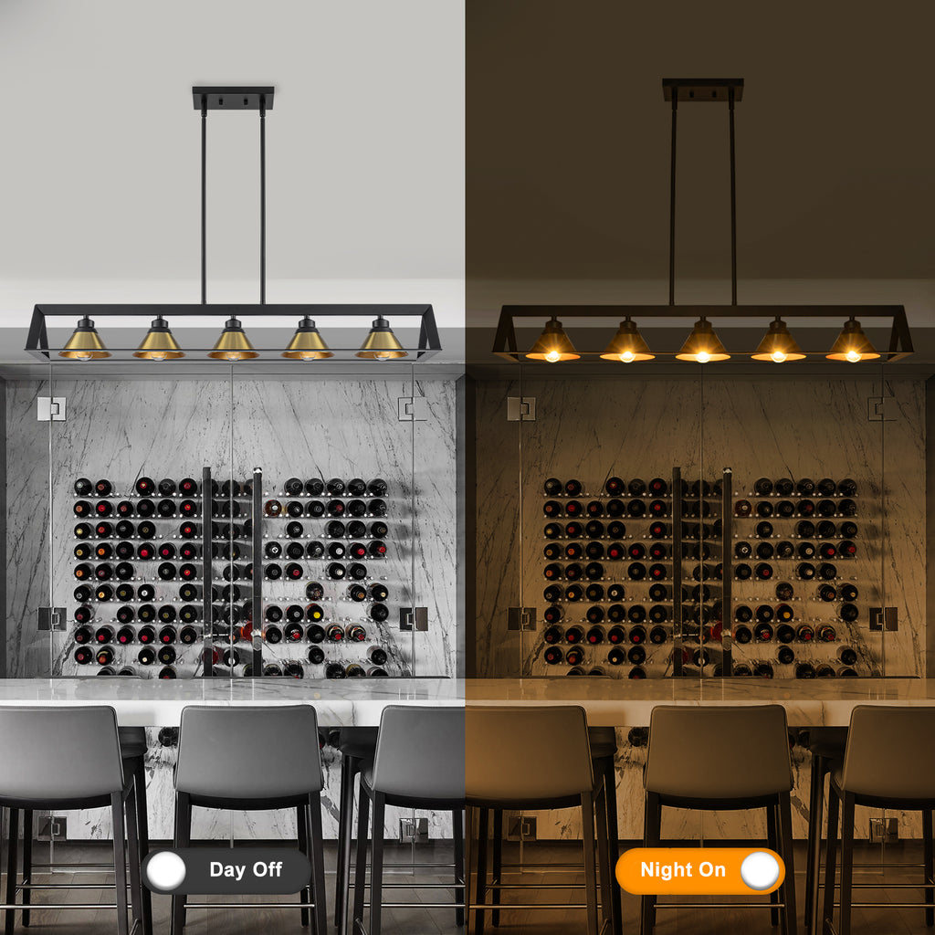 5-Light Matte Black Linear Chandelier Brass Conical Shades Kitchen - product image 13 | Zenvolit