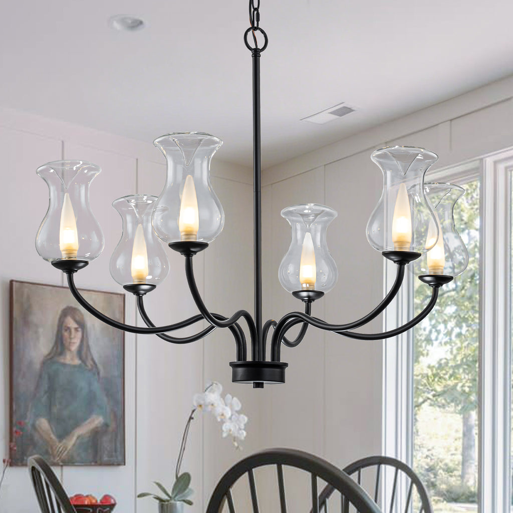 6-Light Farmhouse Chandelier Curved Black Waisted Vase Glass Shades - product image 1 | Zenvolit