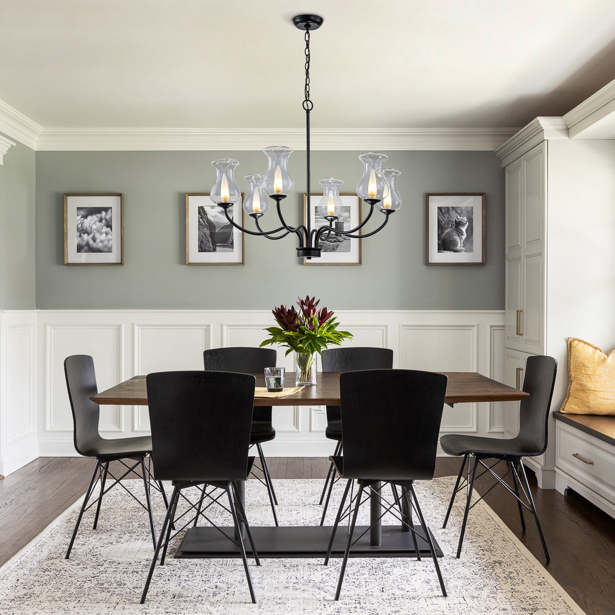 6-Light Farmhouse Chandelier Curved Black Waisted Vase Glass Shades - product image 2 | Zenvolit