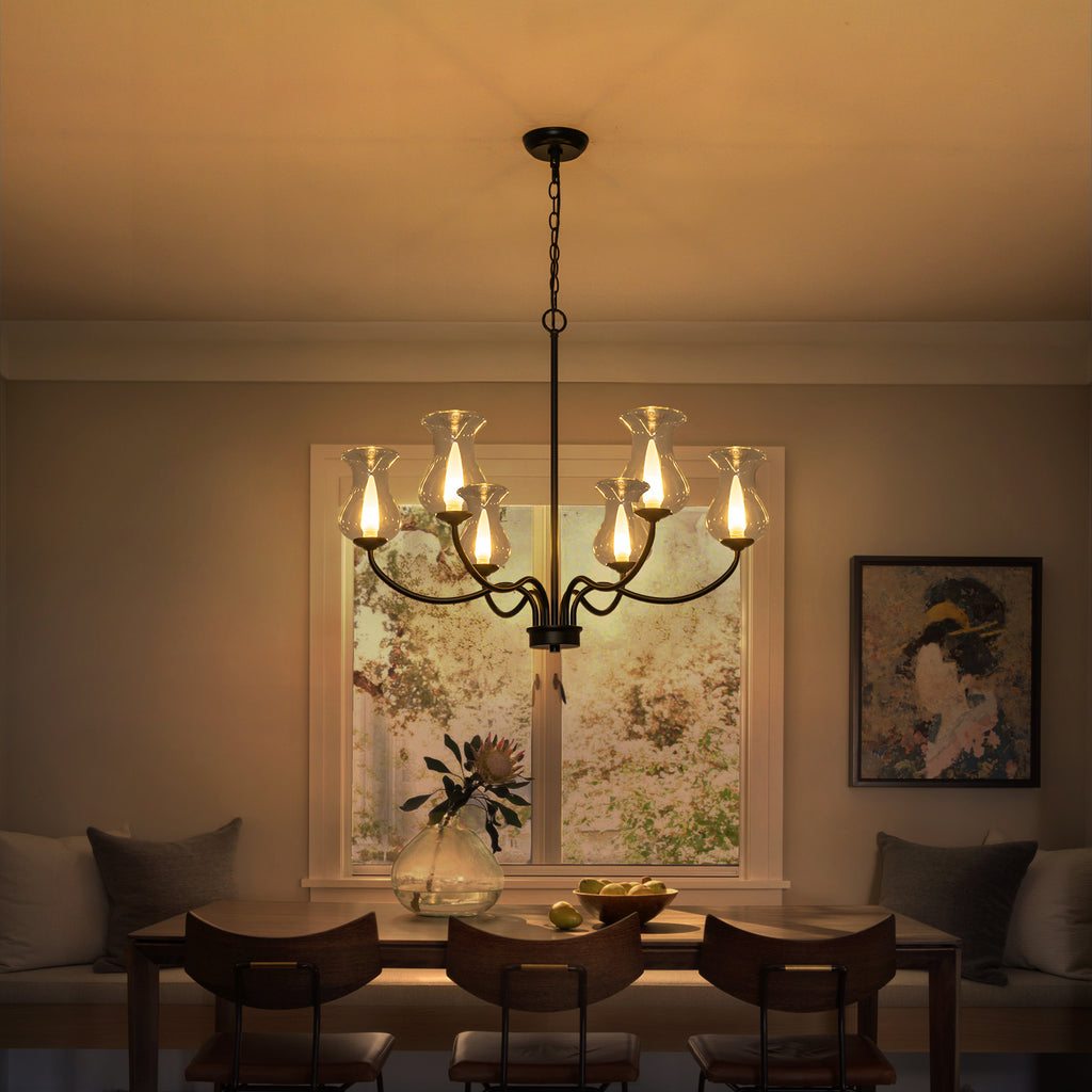 6-Light Farmhouse Chandelier Curved Black Waisted Vase Glass Shades - product image 3 | Zenvolit