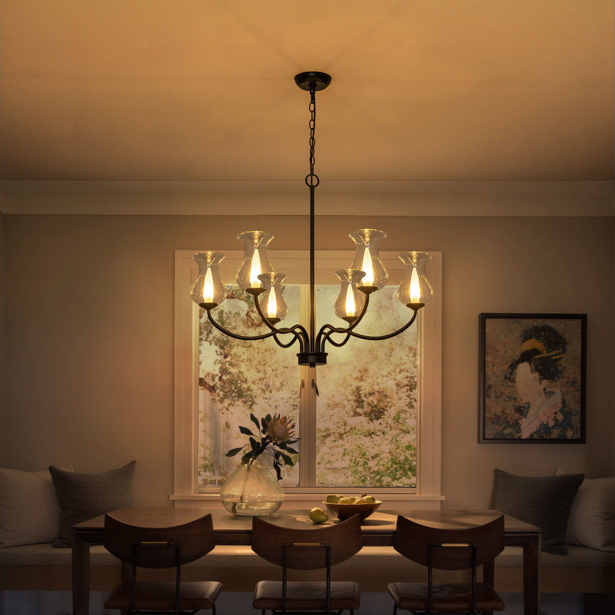6-Light Farmhouse Chandelier Curved Black Waisted Vase Glass Shades - product image 3 | Zenvolit