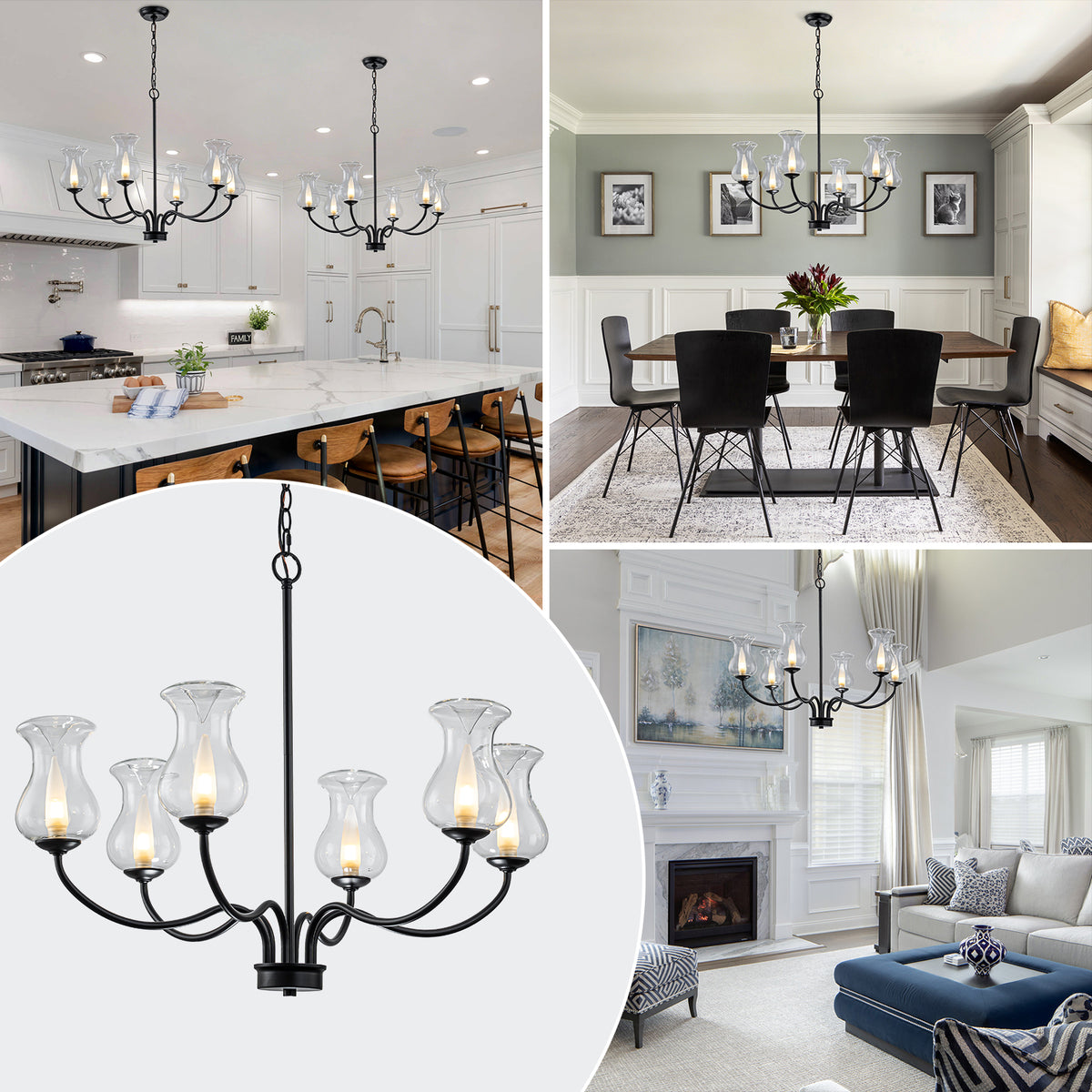 6-Light Farmhouse Chandelier Curved Black Waisted Vase Glass Shades - product image 6 | Zenvolit