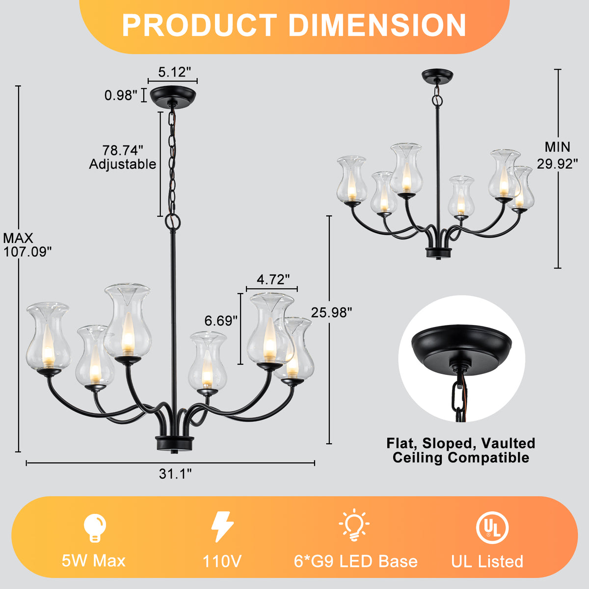 6-Light Farmhouse Chandelier Curved Black Waisted Vase Glass Shades - product image 7 | Zenvolit