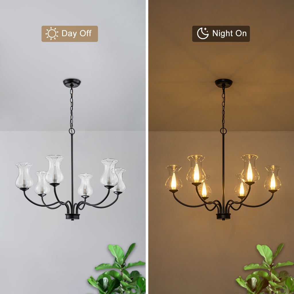 6-Light Farmhouse Chandelier Curved Black Waisted Vase Glass Shades - product image 8 | Zenvolit