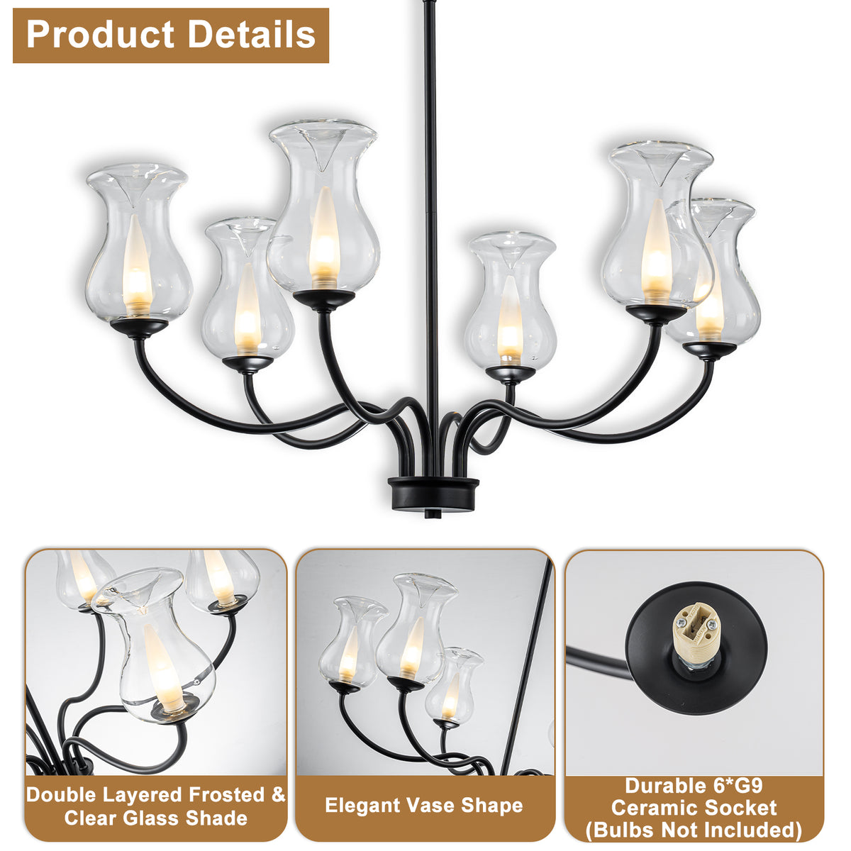 6-Light Farmhouse Chandelier Curved Black Waisted Vase Glass Shades - product image 12 | Zenvolit