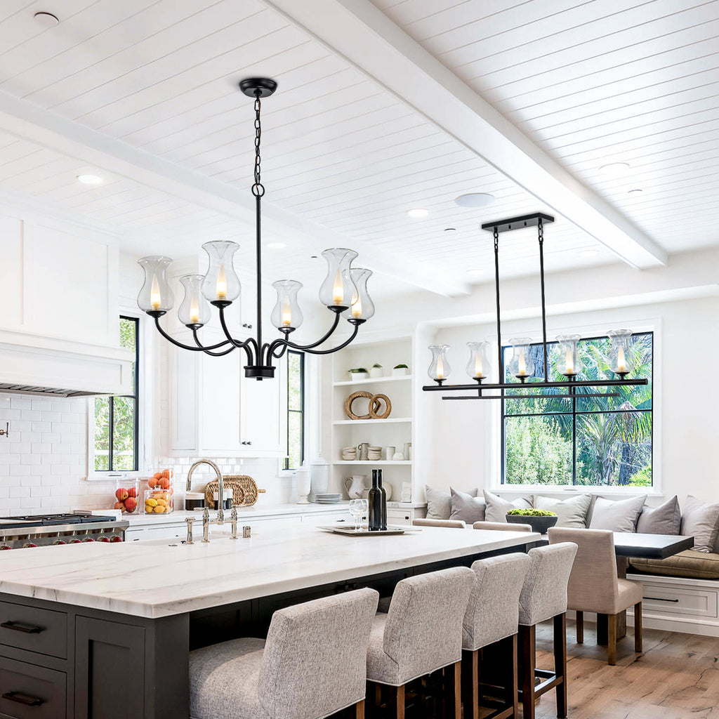 6-Light Farmhouse Chandelier Curved Black Waisted Vase Glass Shades - product image 13 | Zenvolit