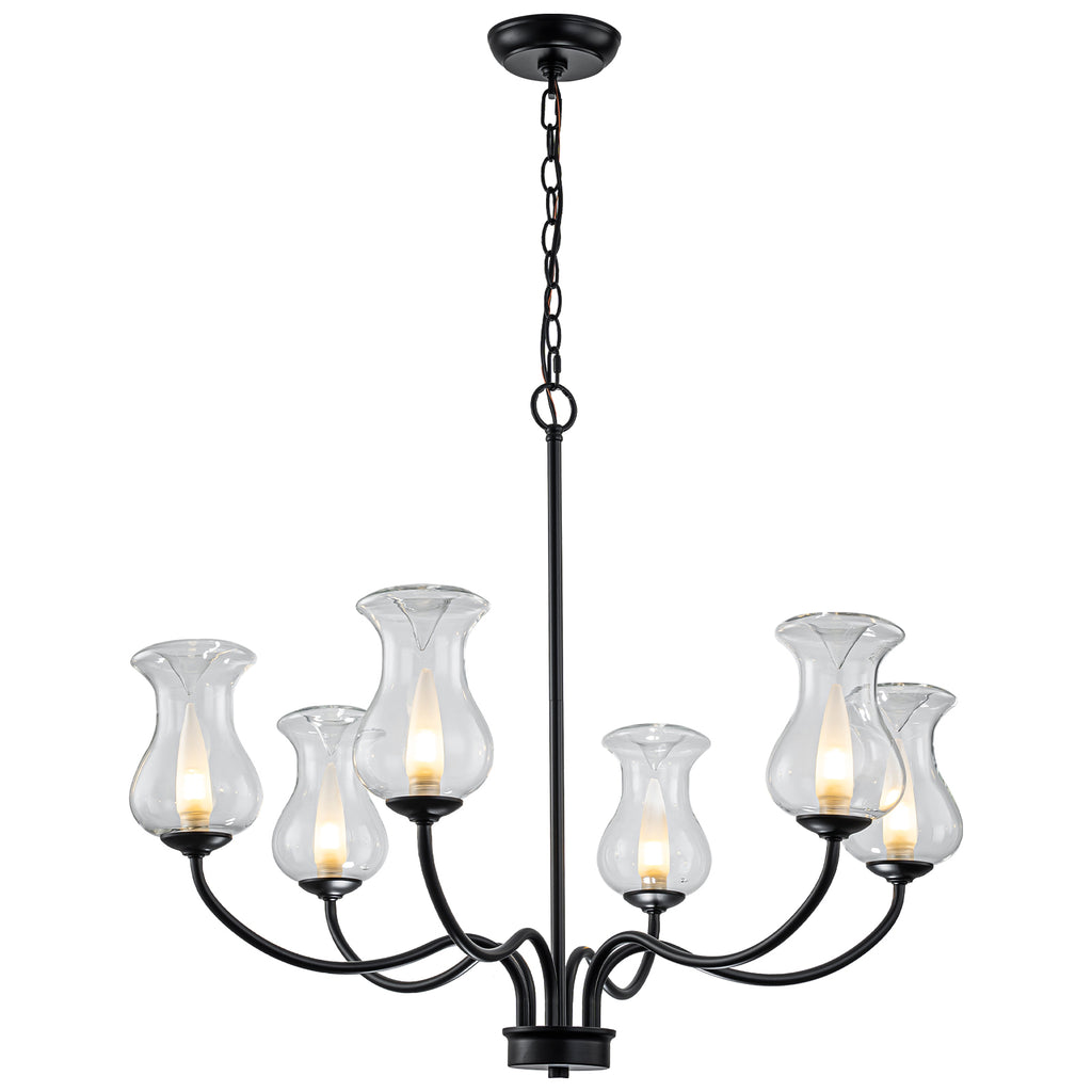 6-Light Farmhouse Chandelier Curved Black Waisted Vase Glass Shades - product image 14 | Zenvolit