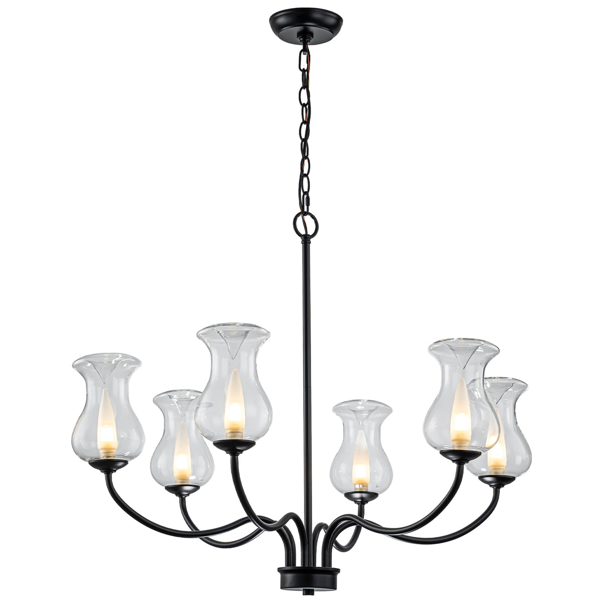 6-Light Farmhouse Chandelier Curved Black Waisted Vase Glass Shades - product image 14 | Zenvolit