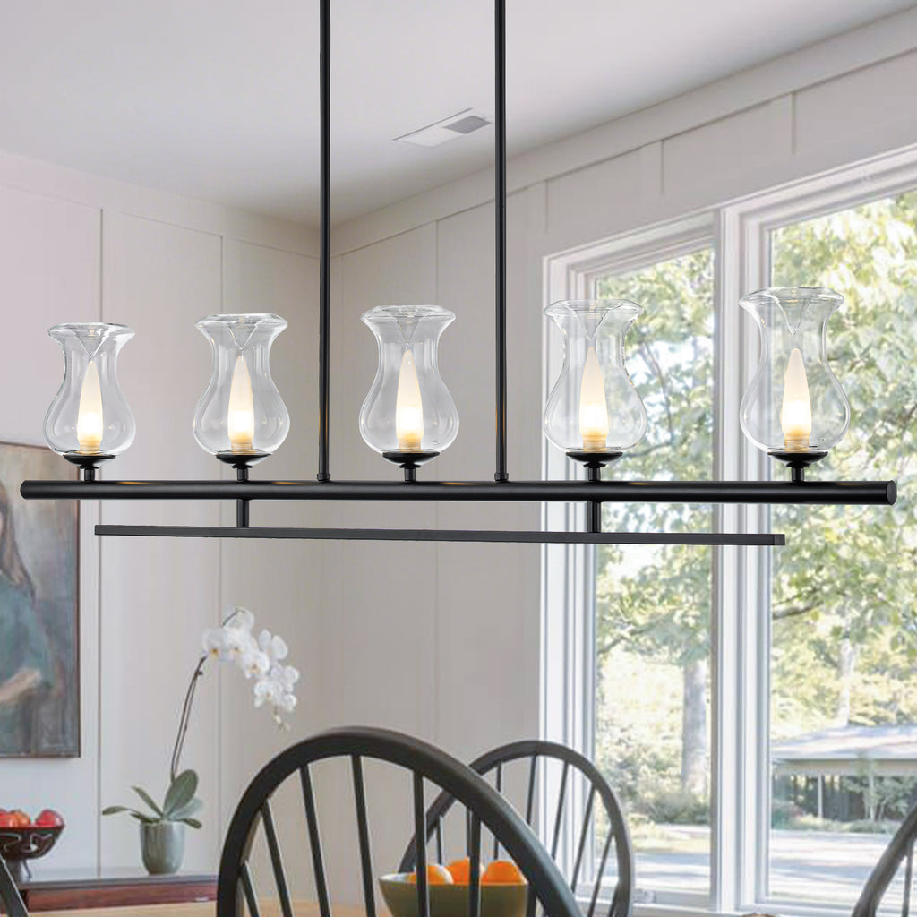 5-Light Matte Black Linear Pendant Light with Clear Tulip Glass Shades - product image 1 | Zenvolit
