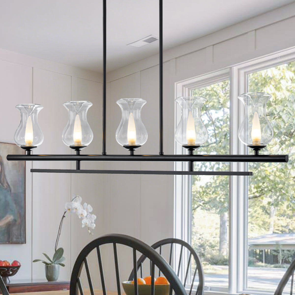 5-Light Matte Black Linear Pendant Light with Clear Tulip Glass Shades - product image 1 | Zenvolit