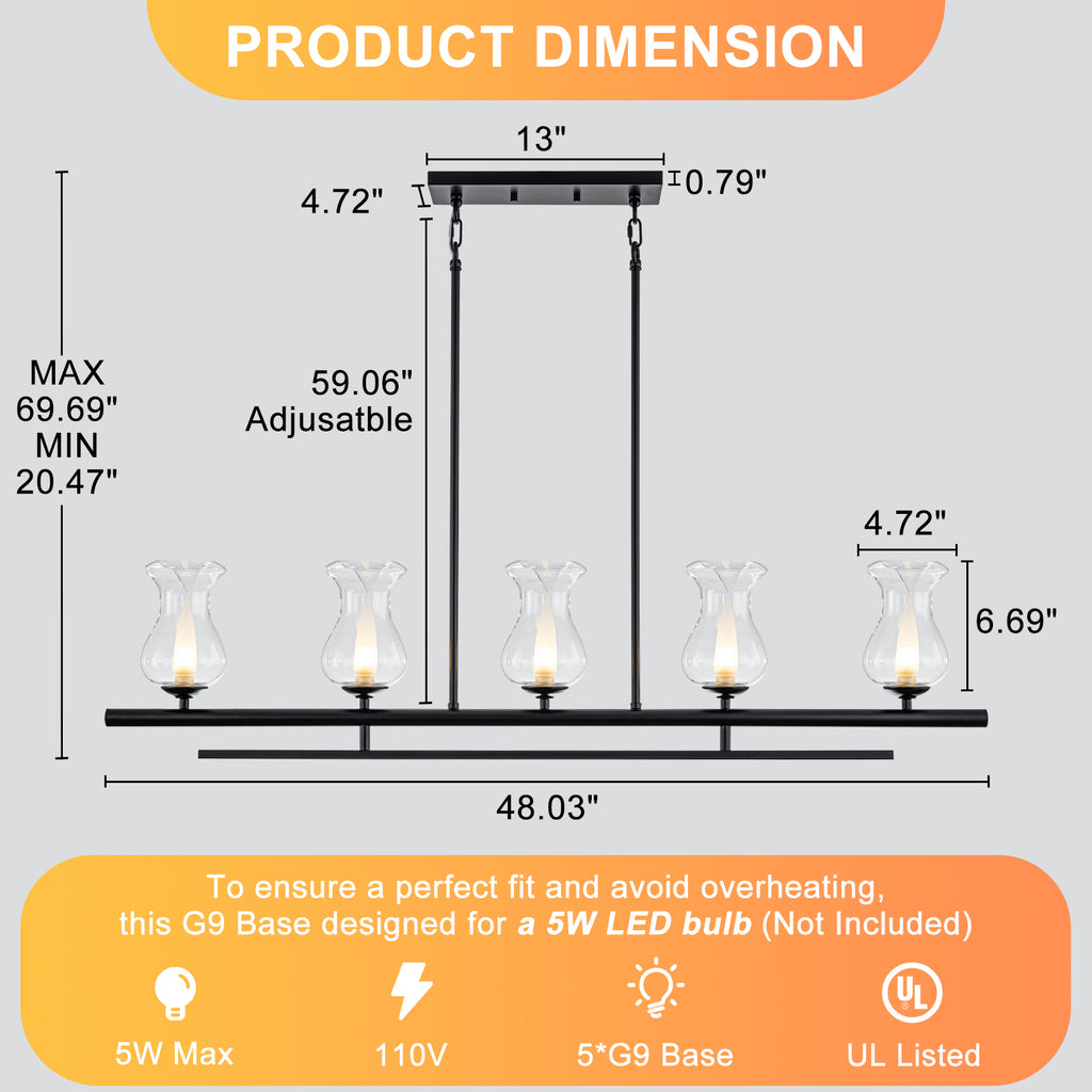5-Light Matte Black Linear Pendant Light with Clear Tulip Glass Shades - product image 7 | Zenvolit