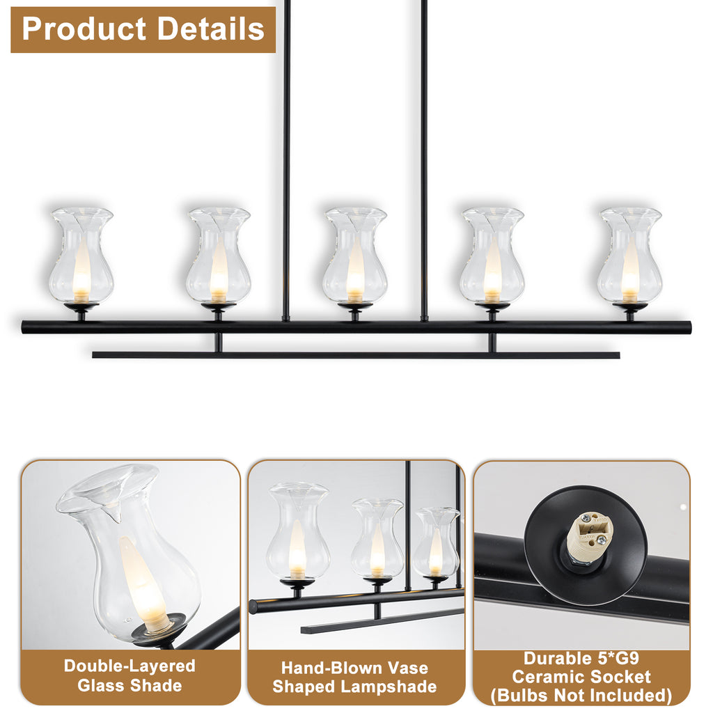 5-Light Matte Black Linear Pendant Light with Clear Tulip Glass Shades - product image 12 | Zenvolit