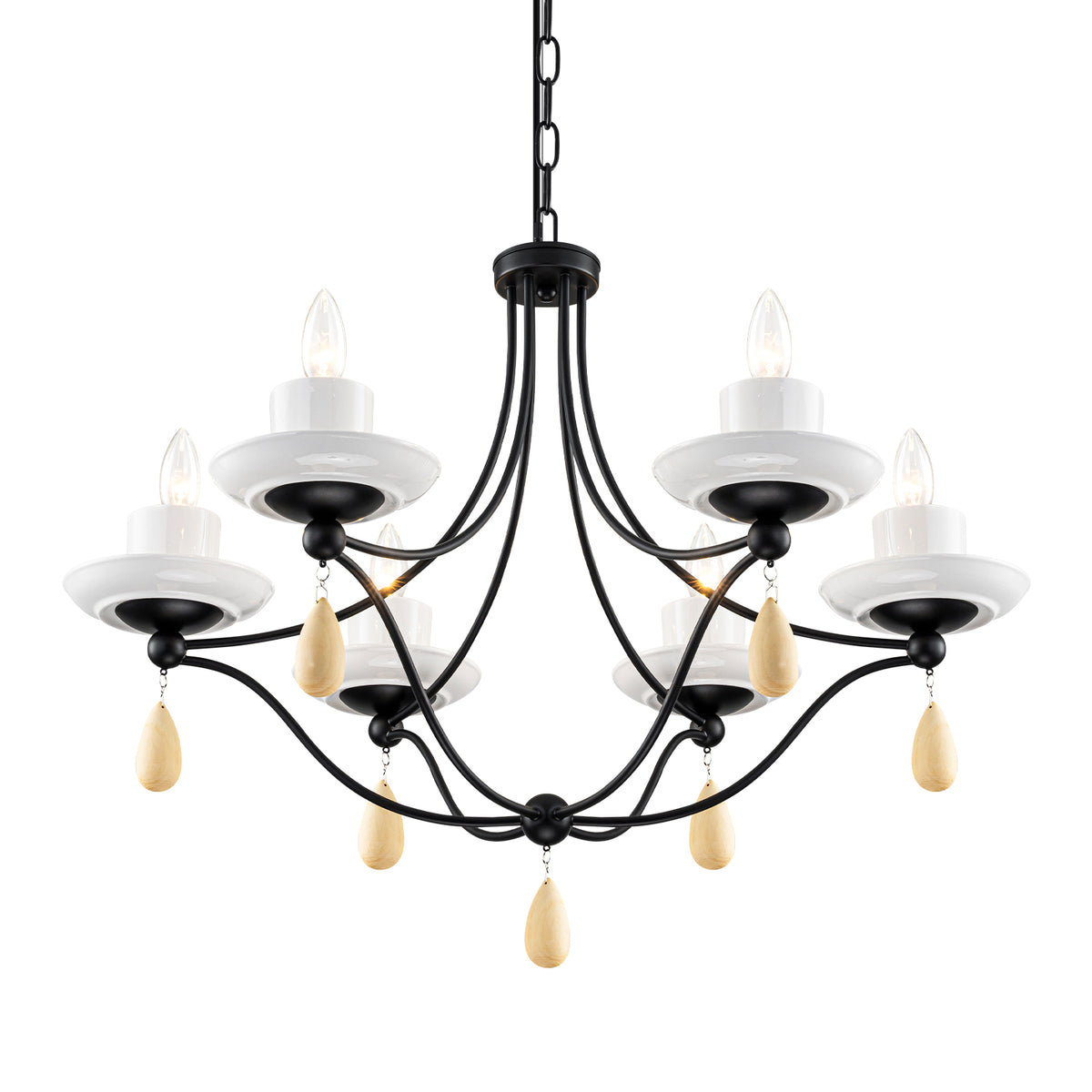 6-Light Black Candelabra Chandelier with Ceramic Dish Shades - product image 3 | Zenvolit