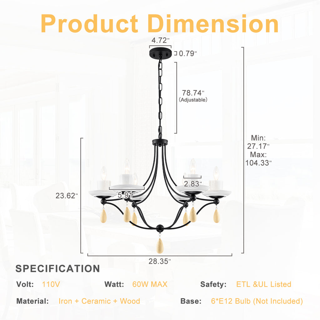 6-Light Black Candelabra Chandelier with Ceramic Dish Shades - product image 11 | Zenvolit