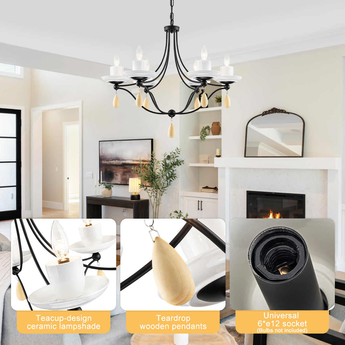 6-Light Black Candelabra Chandelier with Ceramic Dish Shades - product image 13 | Zenvolit
