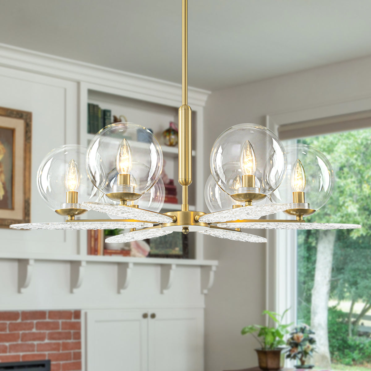 6-Light Gold Chandelier Clear Glass Shades&Rippled Acrylic Leaf Accent - product image 1 | Zenvolit