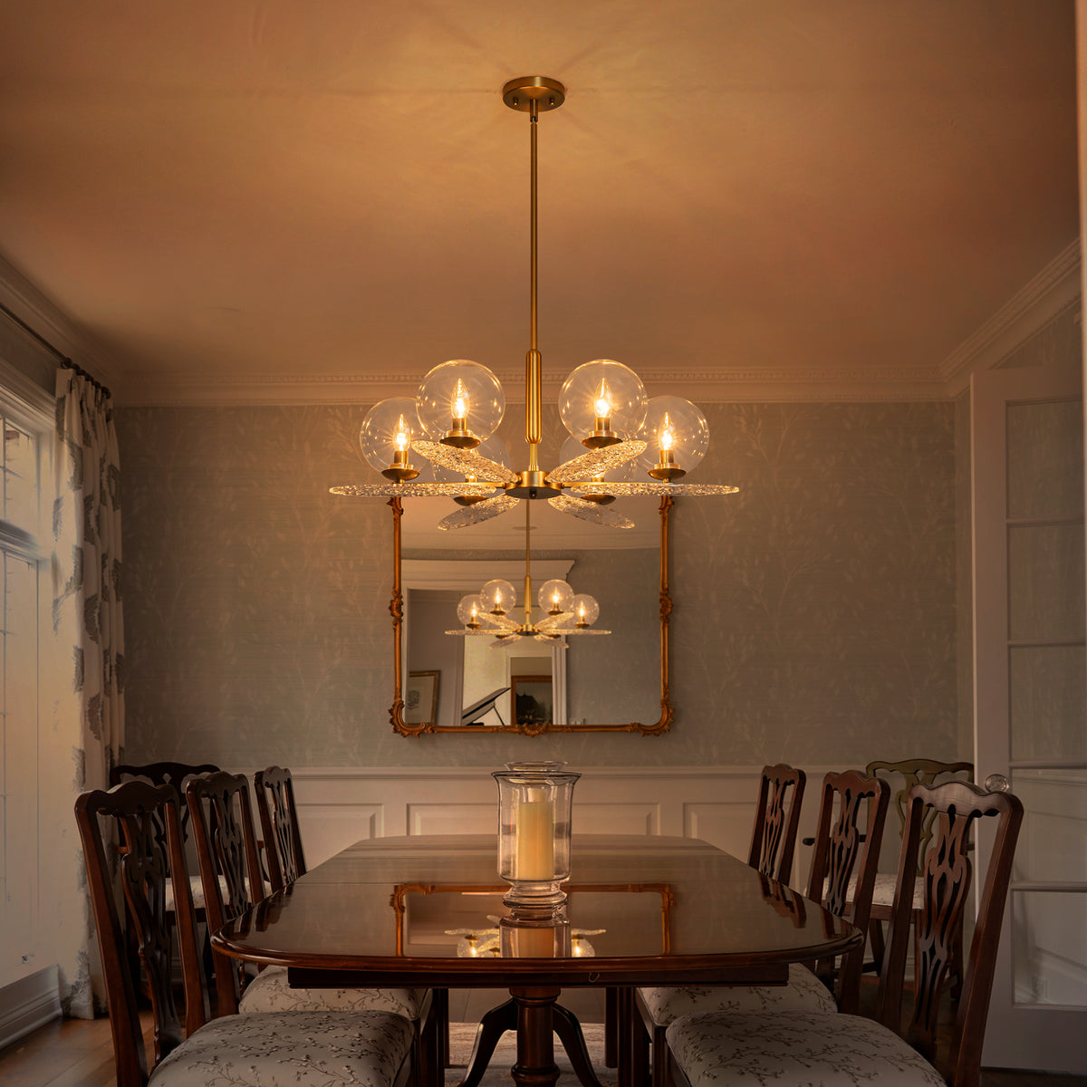 6-Light Gold Chandelier Clear Glass Shades&Rippled Acrylic Leaf Accent - product image 3 | Zenvolit