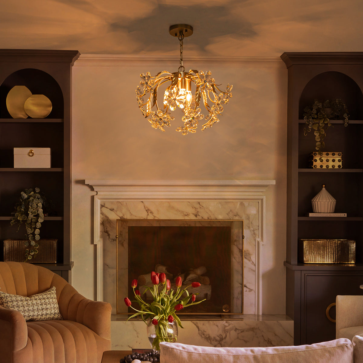 Brushed Gold 4-Light Branch Chandelier with Crystal Floral Accents - product image 7 | Zenvolit