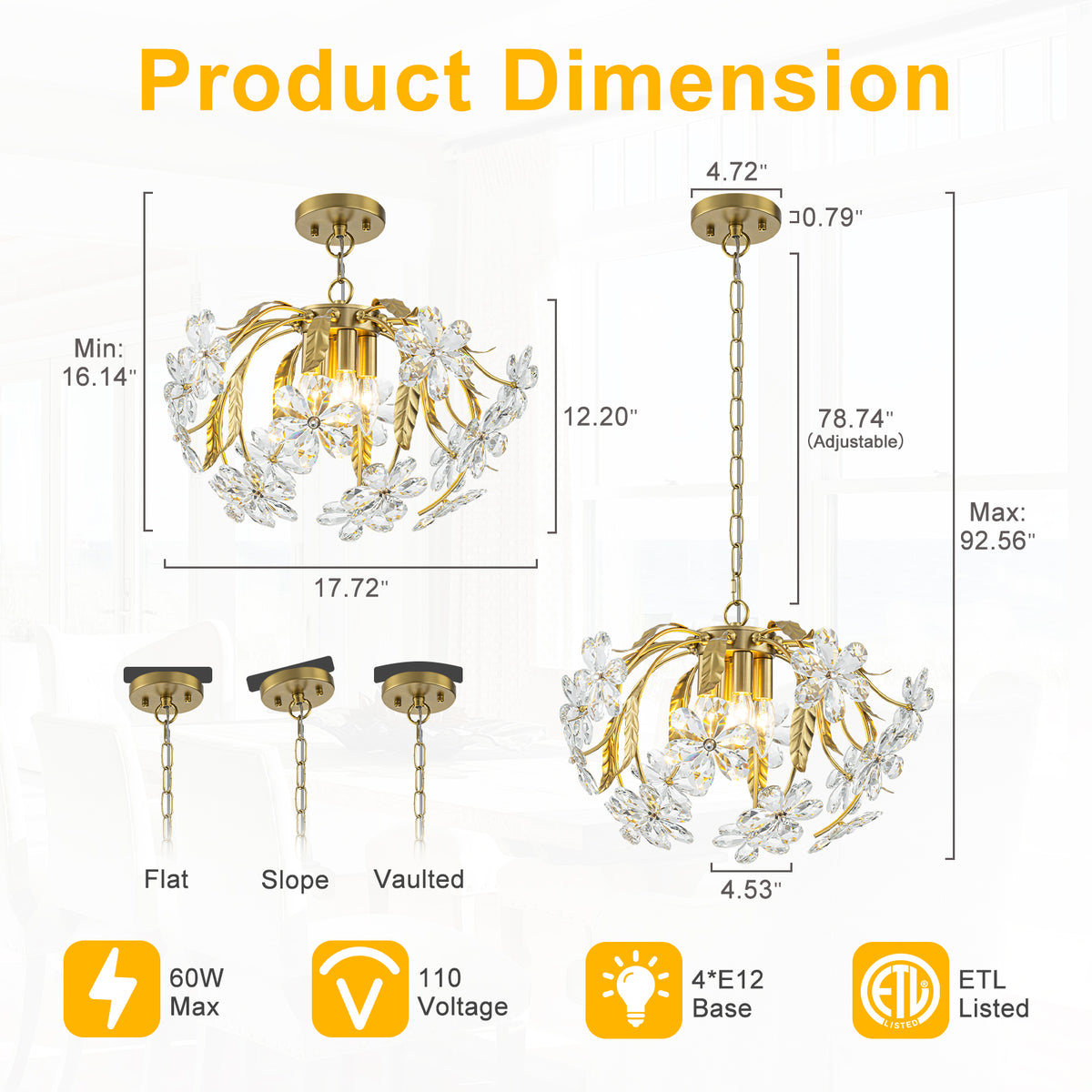 Brushed Gold 4-Light Branch Chandelier with Crystal Floral Accents - product image 12 | Zenvolit
