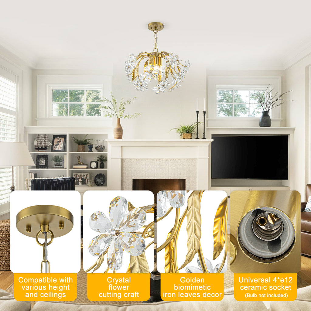 Brushed Gold 4-Light Branch Chandelier with Crystal Floral Accents - product image 14 | Zenvolit