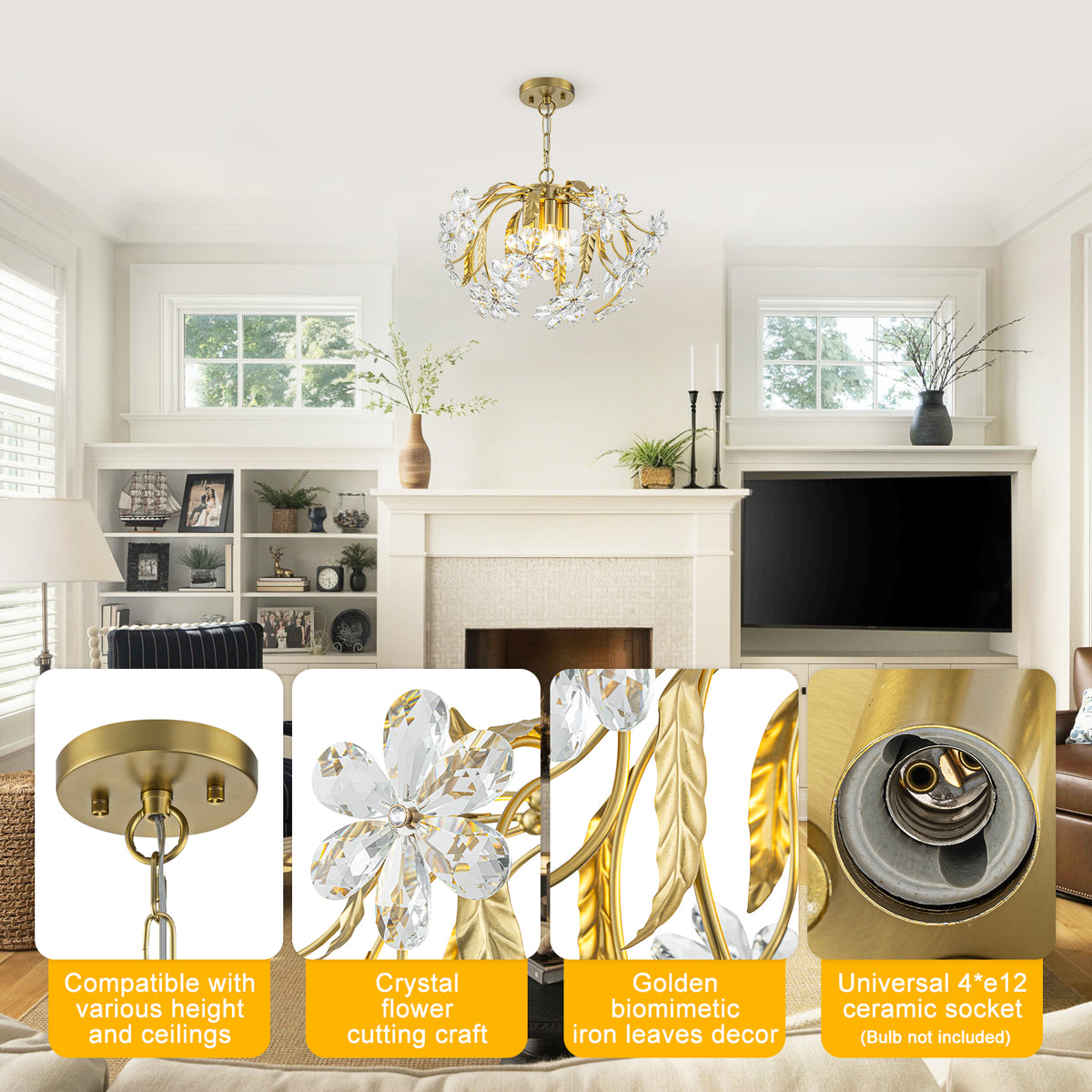 Brushed Gold 4-Light Branch Chandelier with Crystal Floral Accents - product image 14 | Zenvolit