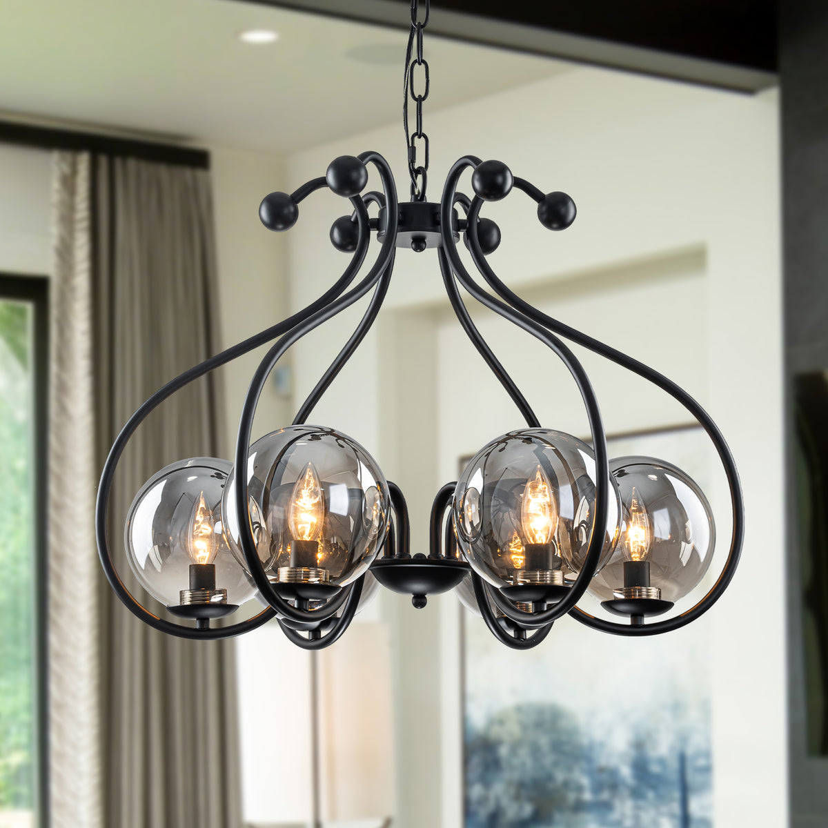 6-Light Matte Black S-Curve Chandelier with Smoky Gray Glass Globes - product image 1 | Zenvolit