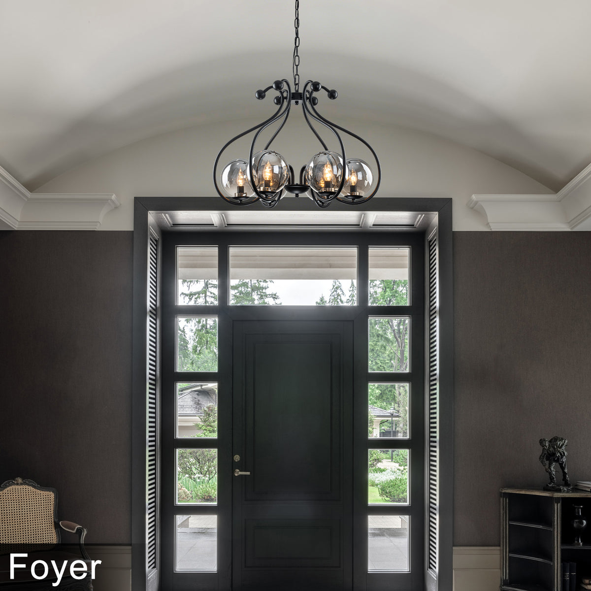 6-Light Matte Black S-Curve Chandelier with Smoky Gray Glass Globes - product image 2 | Zenvolit
