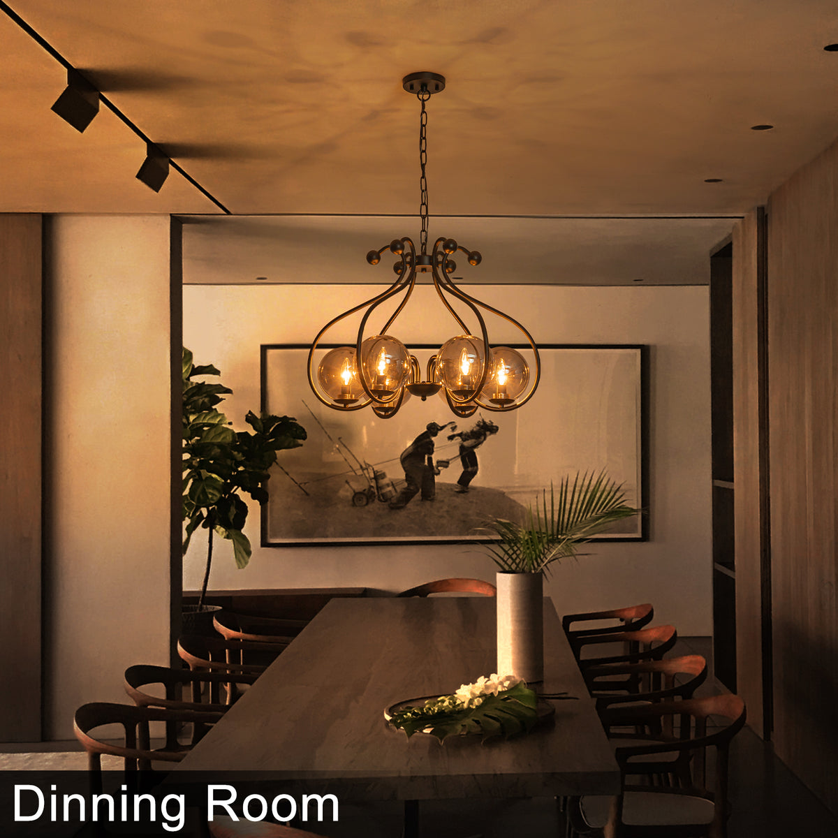 6-Light Matte Black S-Curve Chandelier with Smoky Gray Glass Globes - product image 3 | Zenvolit