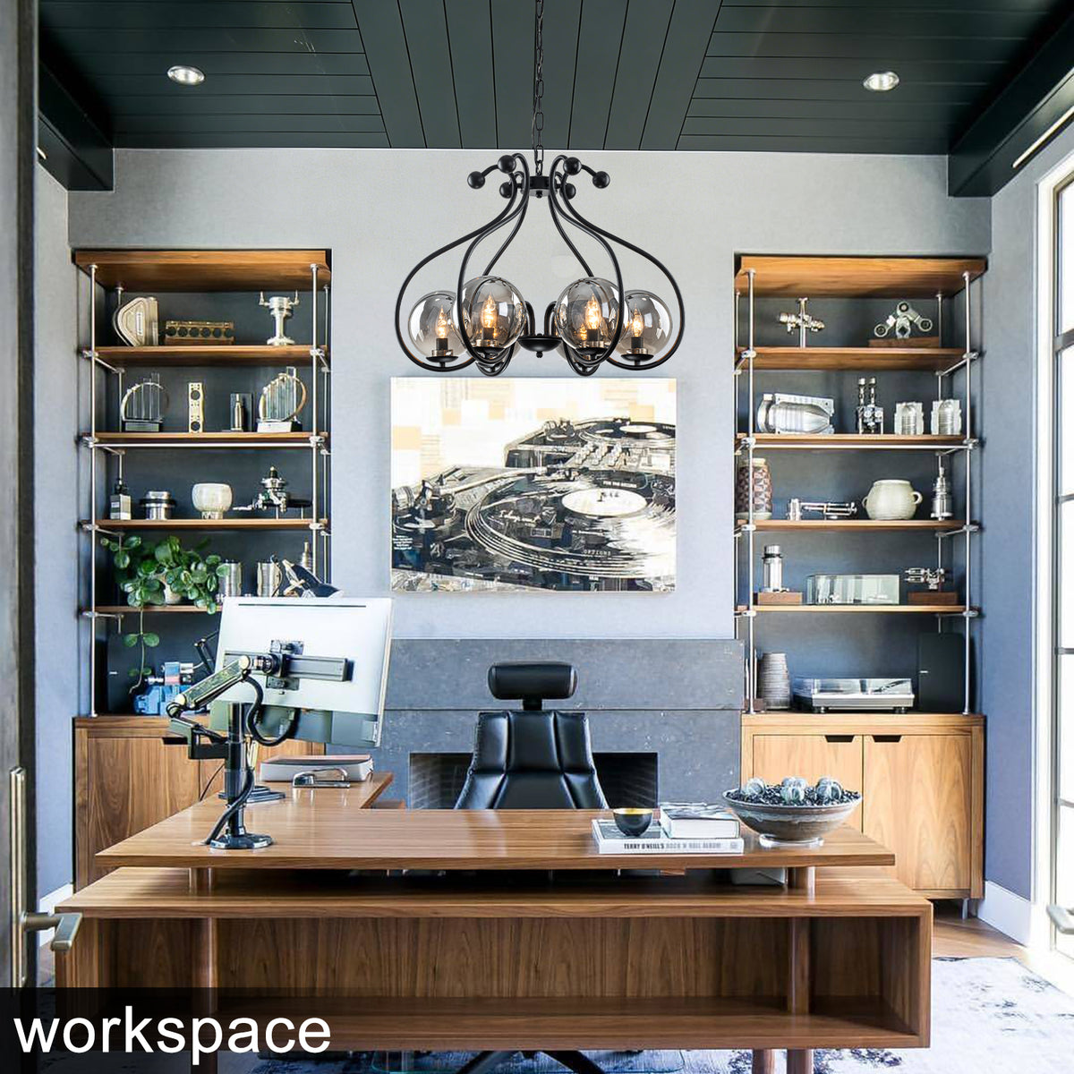 6-Light Matte Black S-Curve Chandelier with Smoky Gray Glass Globes - product image 4 | Zenvolit