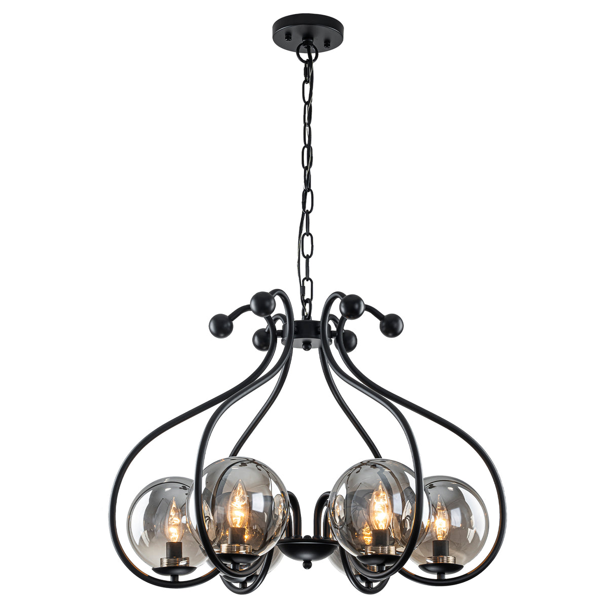6-Light Matte Black S-Curve Chandelier with Smoky Gray Glass Globes - product image 13 | Zenvolit