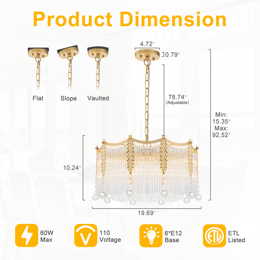 6-Light Gold Chandelier Clear Glass Rods&Hanging Crystal Balls Accents - product image 13 | Zenvolit
