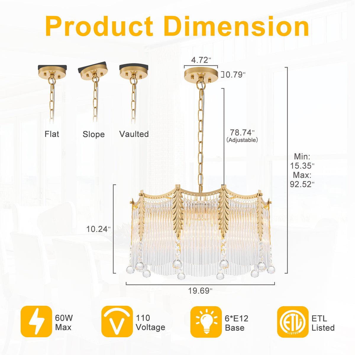 6-Light Gold Chandelier Clear Glass Rods&Hanging Crystal Balls Accents - product image 13 | Zenvolit