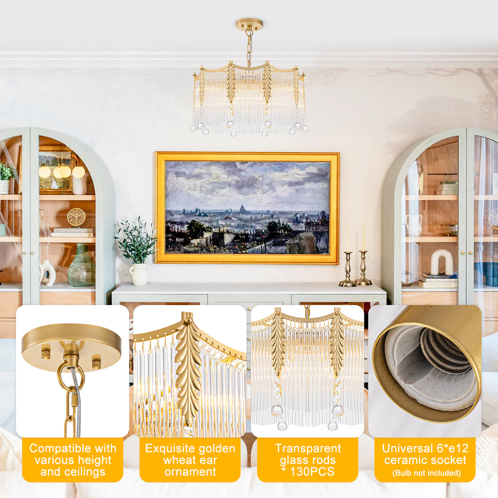 6-Light Gold Chandelier Clear Glass Rods&Hanging Crystal Balls Accents - product image 15 | Zenvolit