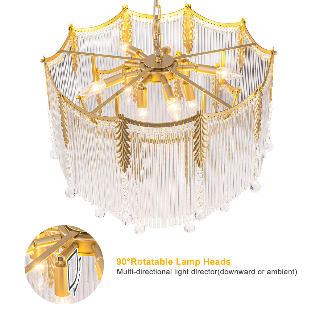 9-Light Gold Chandelier Clear Glass Rods&Hanging Crystal Balls Accents - product image 4 | Zenvolit
