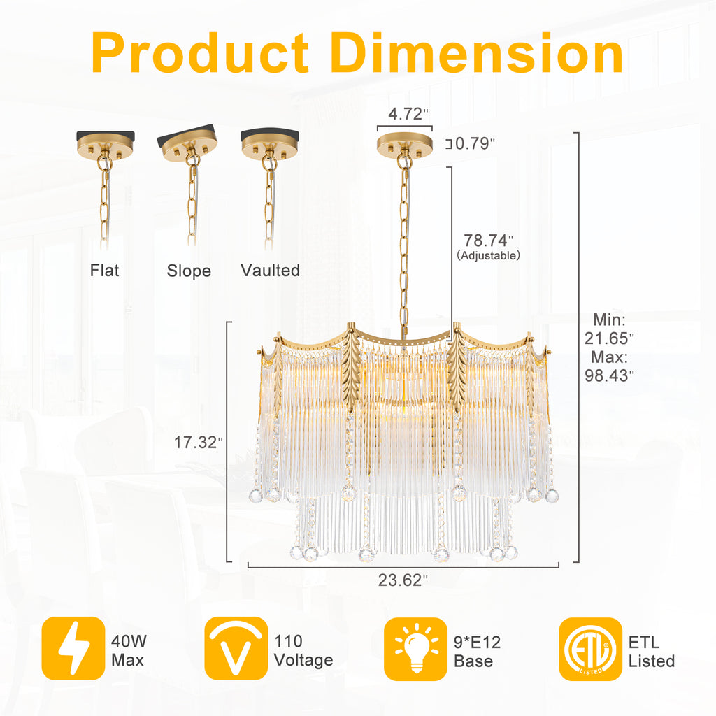 9-Light Gold Chandelier Clear Glass Rods&Hanging Crystal Balls Accents - product image 12 | Zenvolit