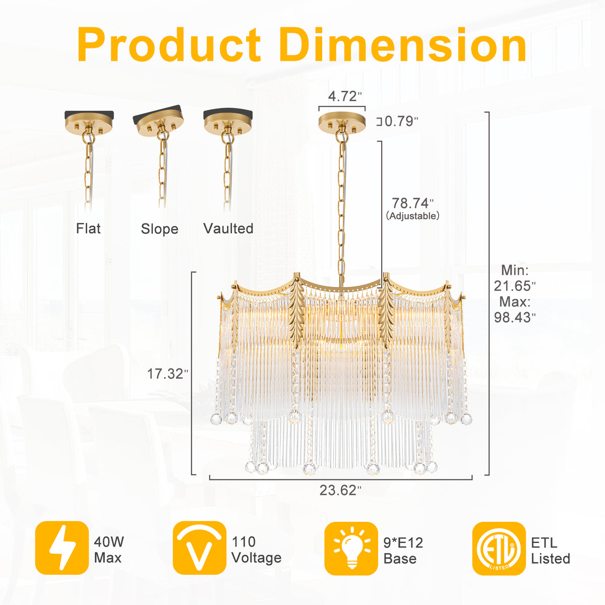9-Light Gold Chandelier Clear Glass Rods&Hanging Crystal Balls Accents - product image 12 | Zenvolit