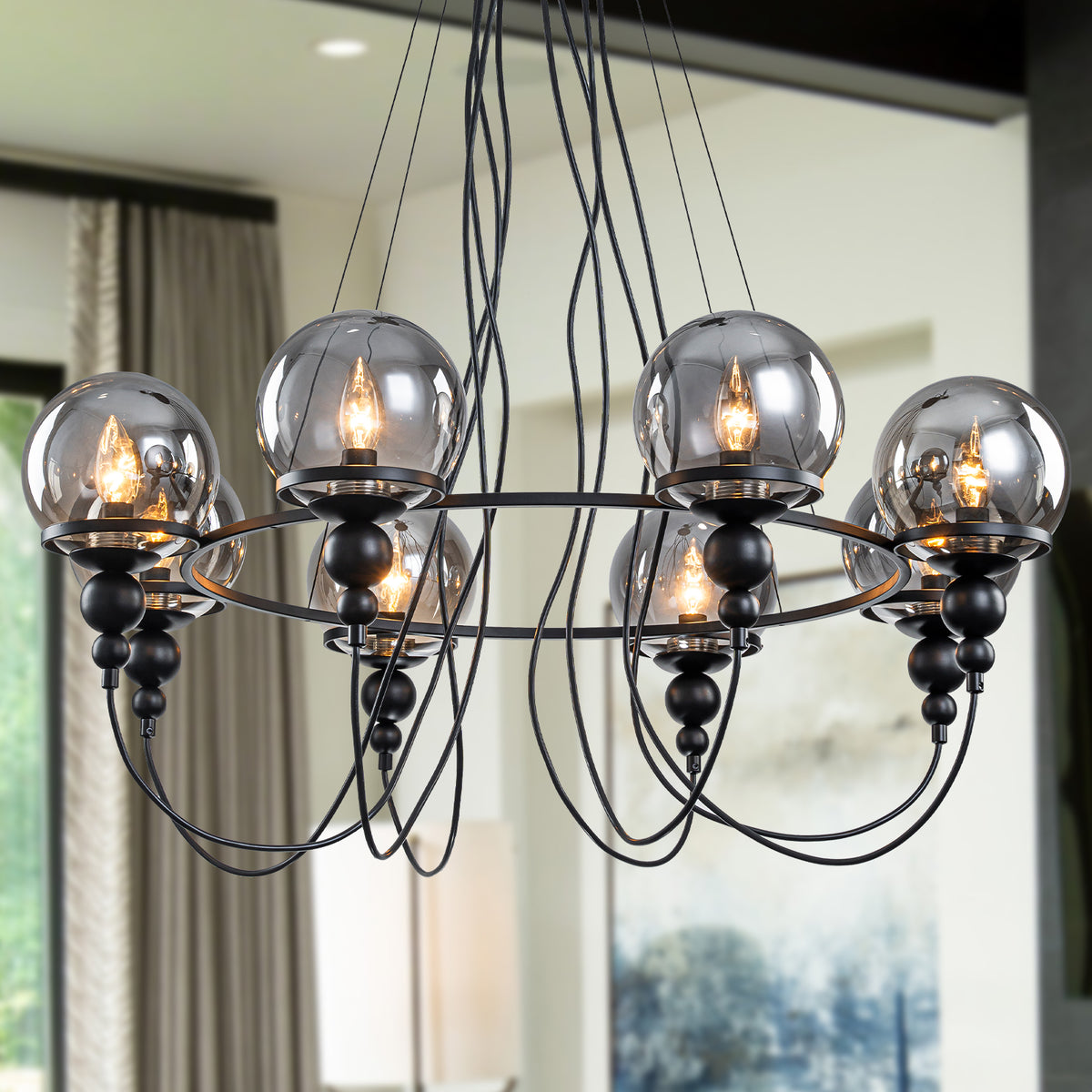 8-Light Black Metal Rings Chandelier Industrial Smoky Glass Globe - product image 1 | Zenvolit