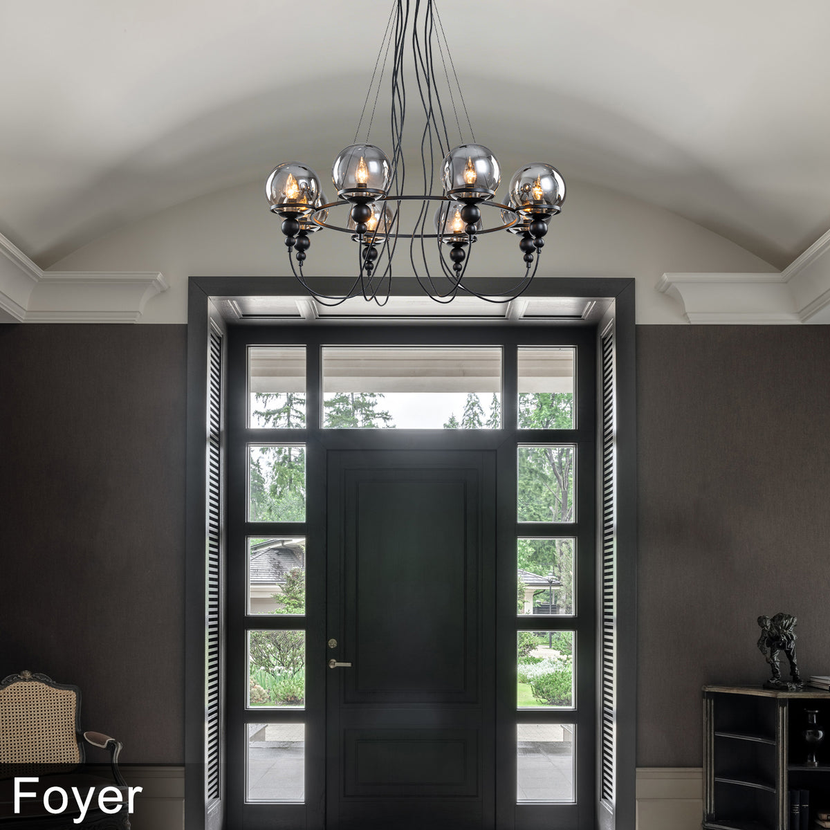 8-Light Black Metal Rings Chandelier Industrial Smoky Glass Globe - product image 2 | Zenvolit