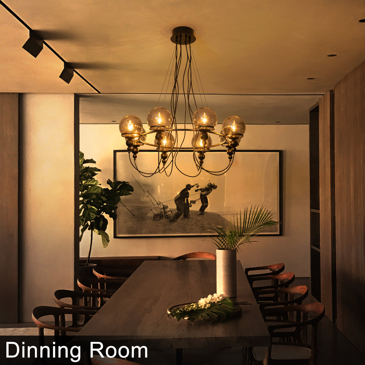 8-Light Black Metal Rings Chandelier Industrial Smoky Glass Globe - product image 3 | Zenvolit