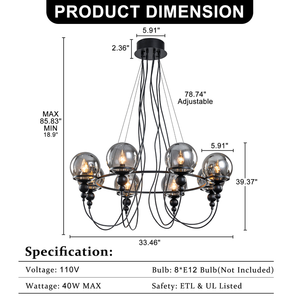 8-Light Black Metal Rings Chandelier Industrial Smoky Glass Globe - product image 6 | Zenvolit