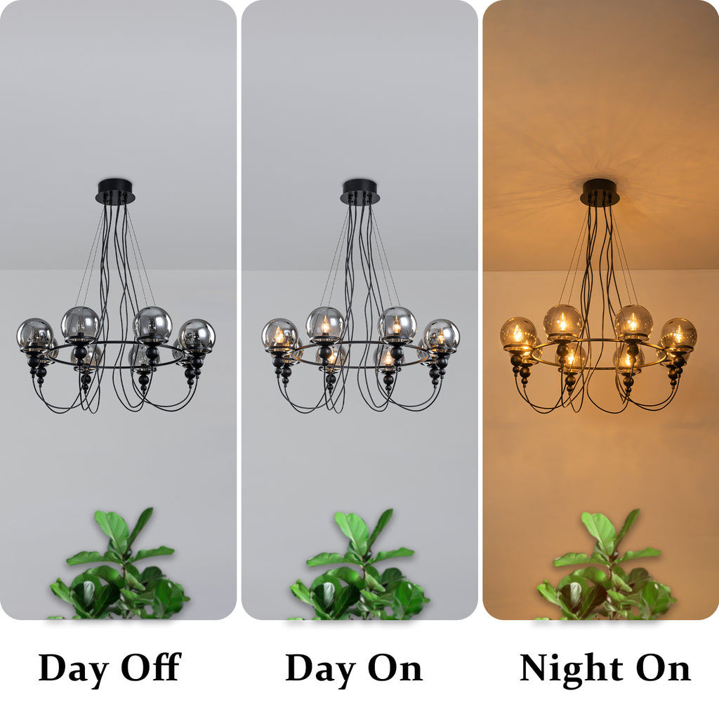 8-Light Black Metal Rings Chandelier Industrial Smoky Glass Globe - product image 7 | Zenvolit