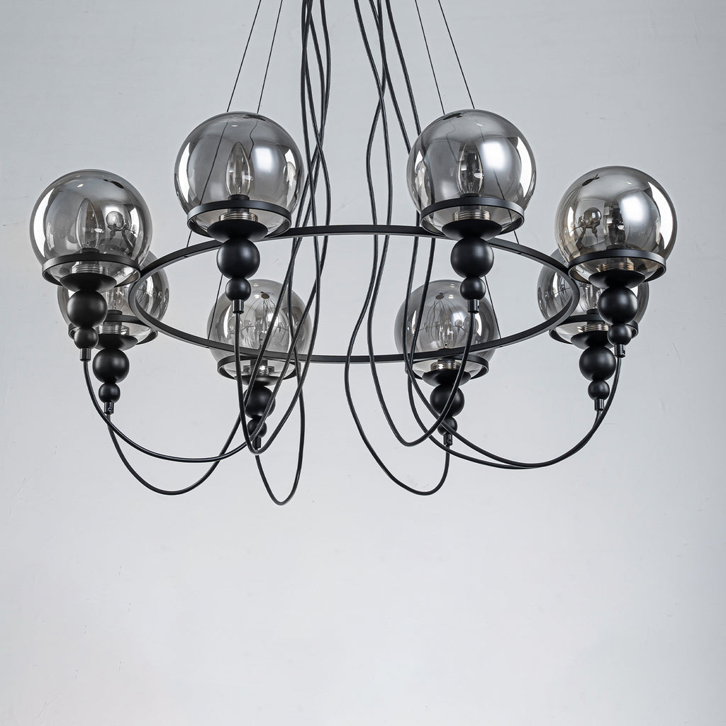 8-Light Black Metal Rings Chandelier Industrial Smoky Glass Globe - product image 8 | Zenvolit