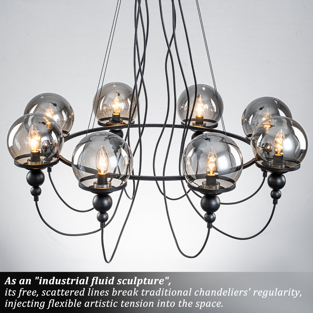 8-Light Black Metal Rings Chandelier Industrial Smoky Glass Globe - product image 10 | Zenvolit